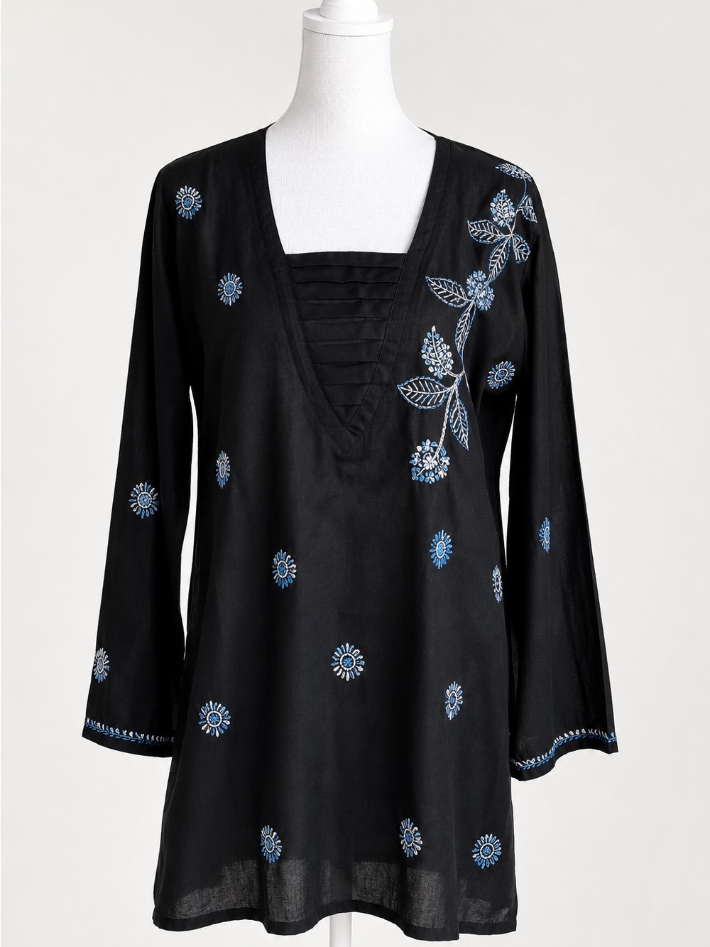 Black V-Neck Tunic Top with Blue Floral Embroidery